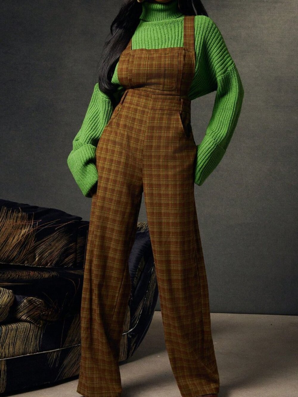 Black Casual Women's Straight Leg Pocket Detail Plaid Jumpsuit